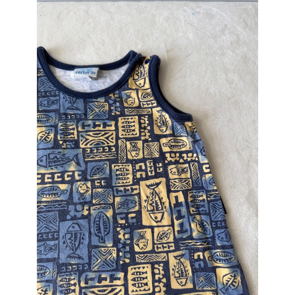 Carters Vintage Blue Yellow Geometric Fish Print Sleeveless Romper 9-12M - Picture 6 of 8
